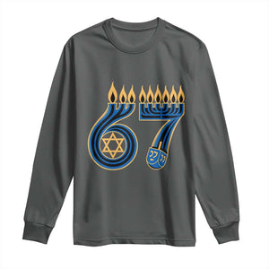 Funny 67 Hanukkah Long Sleeve Shirt Chanukah Menorah Dreidel Star Of David Six Seven Meme TS11 Dark Heather Print Your Wear