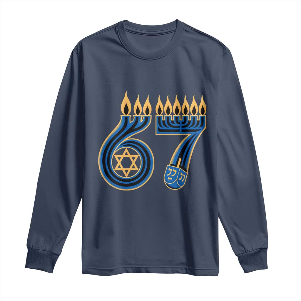 Funny 67 Hanukkah Long Sleeve Shirt Chanukah Menorah Dreidel Star Of David Six Seven Meme TS11 Navy Print Your Wear