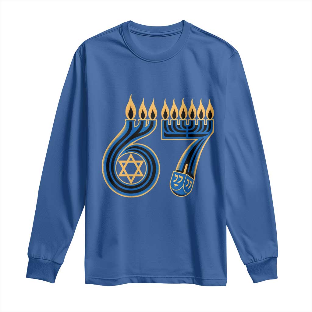 Funny 67 Hanukkah Long Sleeve Shirt Chanukah Menorah Dreidel Star Of David Six Seven Meme TS11 Royal Blue Print Your Wear