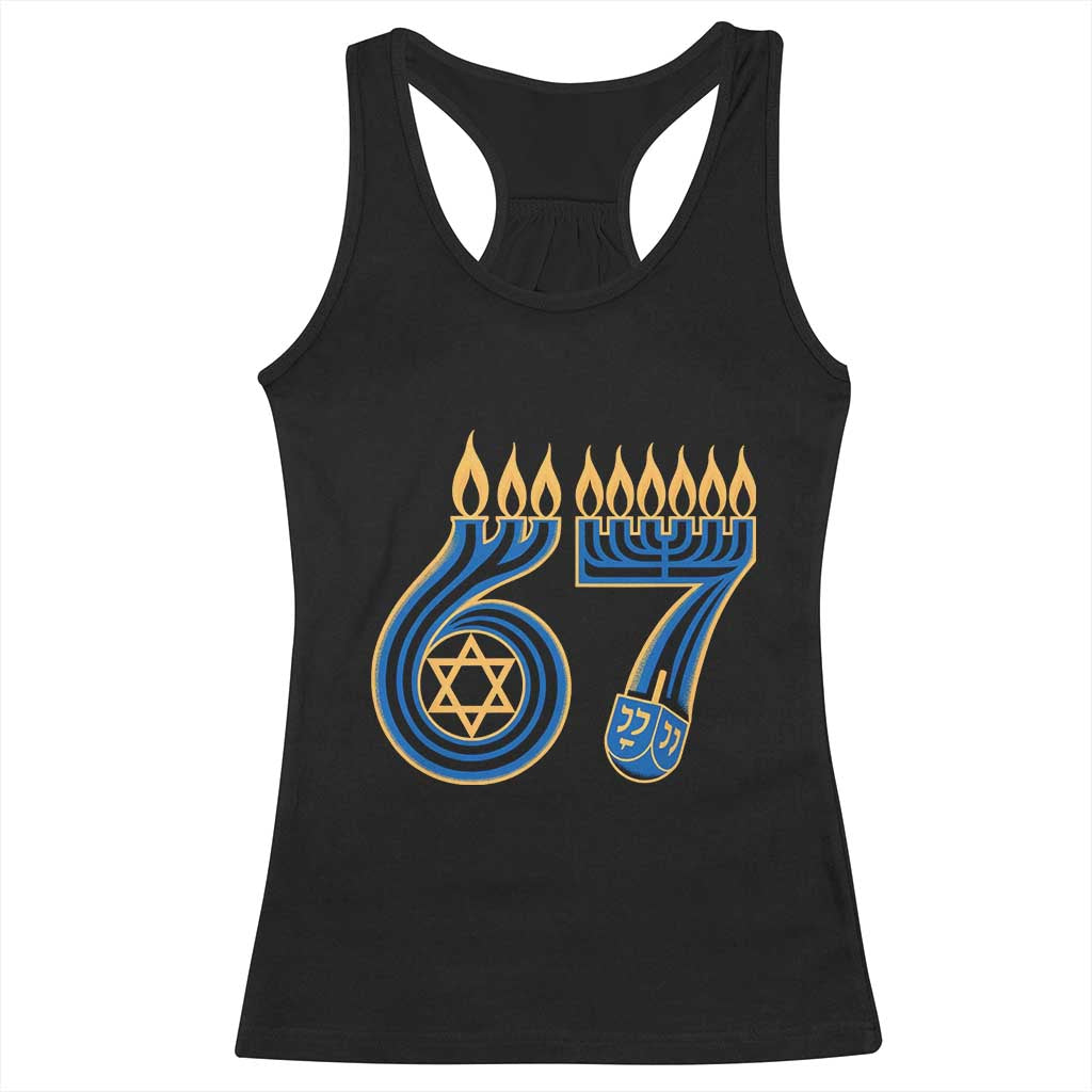 Funny 67 Hanukkah Racerback Tank Top Chanukah Menorah Dreidel Star Of David Six Seven Meme - Print Your Wear