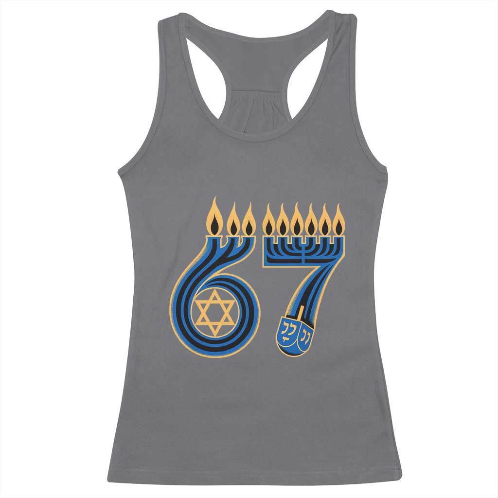 Funny 67 Hanukkah Racerback Tank Top Chanukah Menorah Dreidel Star Of David Six Seven Meme - Print Your Wear