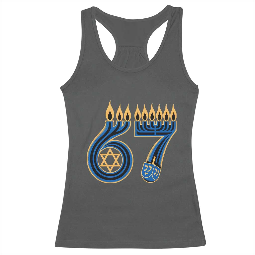 Funny 67 Hanukkah Racerback Tank Top Chanukah Menorah Dreidel Star Of David Six Seven Meme - Print Your Wear
