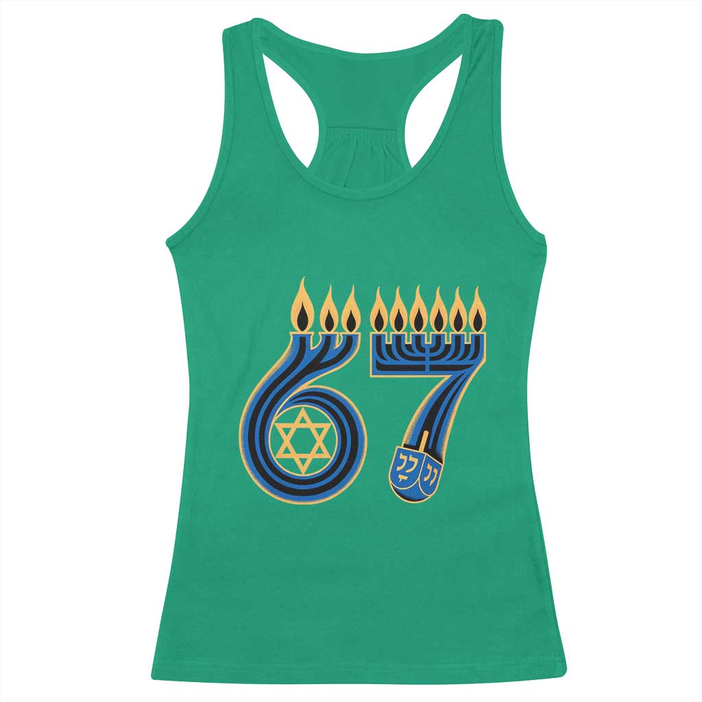 Funny 67 Hanukkah Racerback Tank Top Chanukah Menorah Dreidel Star Of David Six Seven Meme - Print Your Wear