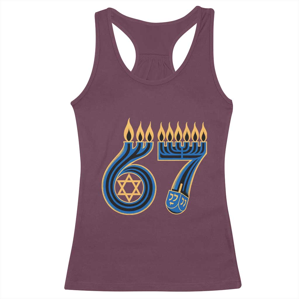 Funny 67 Hanukkah Racerback Tank Top Chanukah Menorah Dreidel Star Of David Six Seven Meme - Print Your Wear