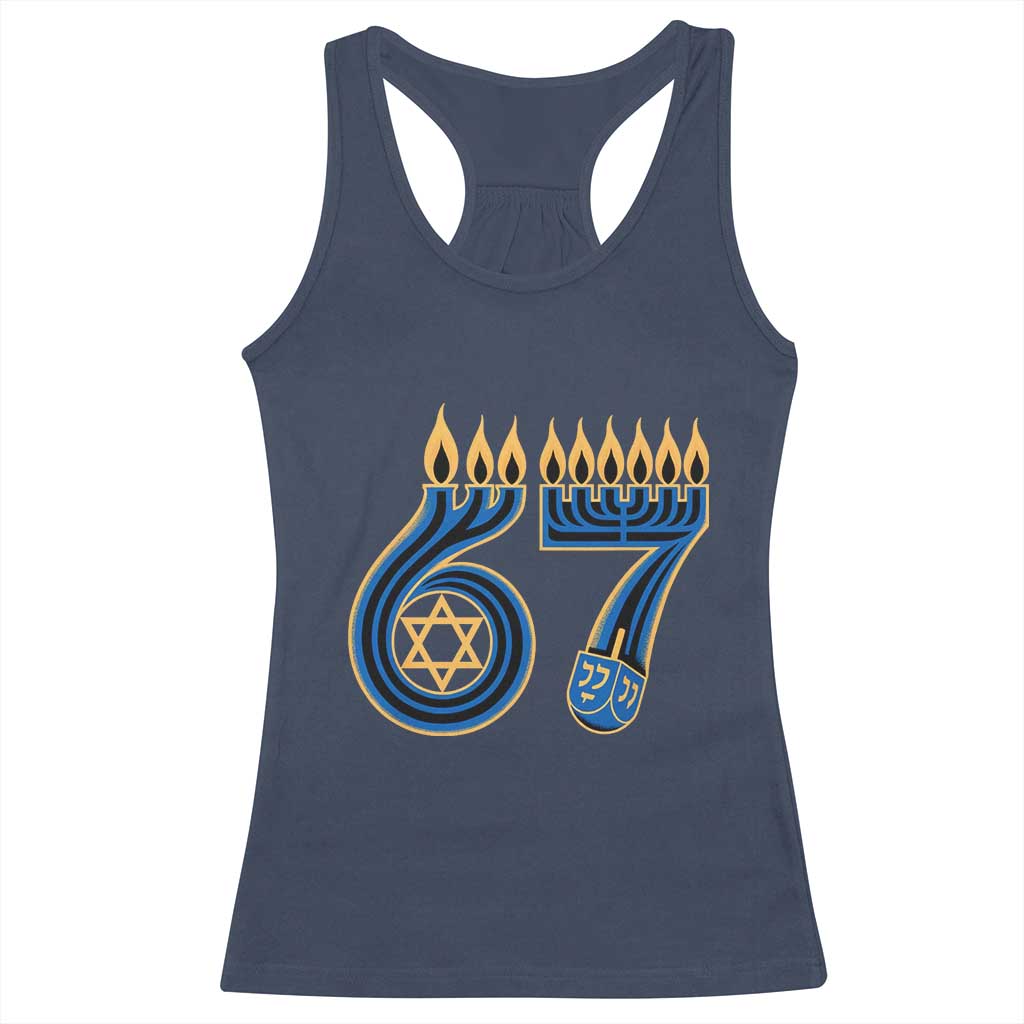 Funny 67 Hanukkah Racerback Tank Top Chanukah Menorah Dreidel Star Of David Six Seven Meme TS11 Navy Print Your Wear