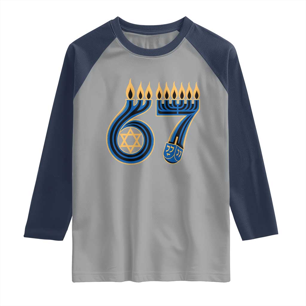 Funny 67 Hanukkah Raglan Shirt Chanukah Menorah Dreidel Star Of David Six Seven Meme TS11 Sport Gray Navy Print Your Wear