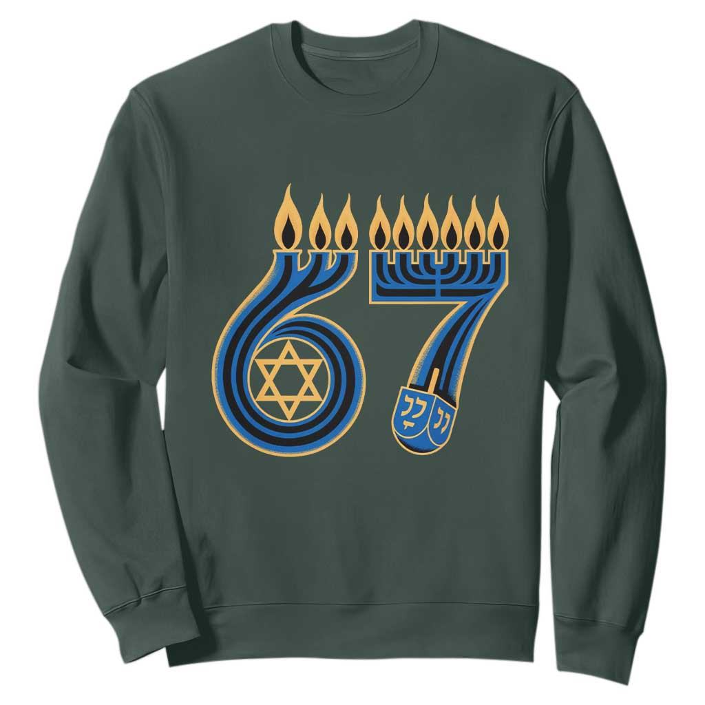 Funny 67 Hanukkah Sweatshirt Chanukah Menorah Dreidel Star Of David Six Seven Meme TS11 Dark Forest Green Print Your Wear