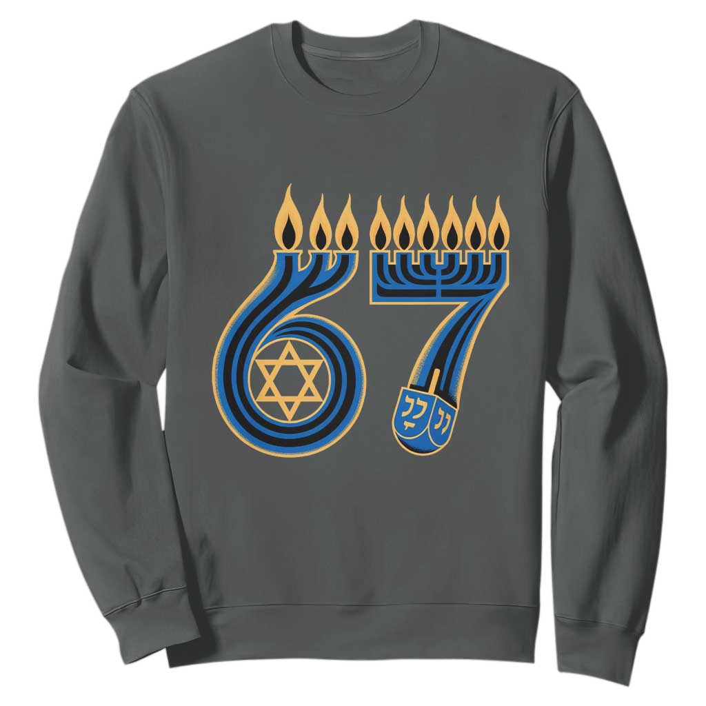 Funny 67 Hanukkah Sweatshirt Chanukah Menorah Dreidel Star Of David Six Seven Meme TS11 Dark Heather Print Your Wear