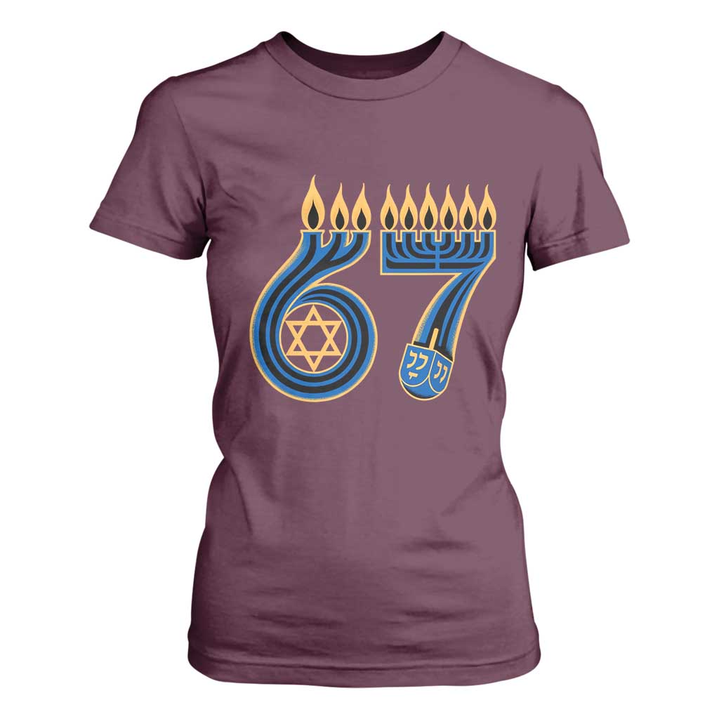 Funny 67 Hanukkah T Shirt For Women Chanukah Menorah Dreidel Star Of David Six Seven Meme TS11 Maroon Print Your Wear