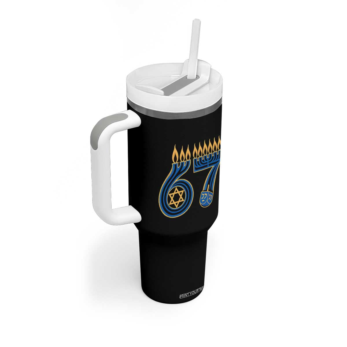 Funny 67 Hanukkah Tumbler With Handle Chanukah Menorah Dreidel Star Of David Six Seven Meme TS11 Print Your Wear