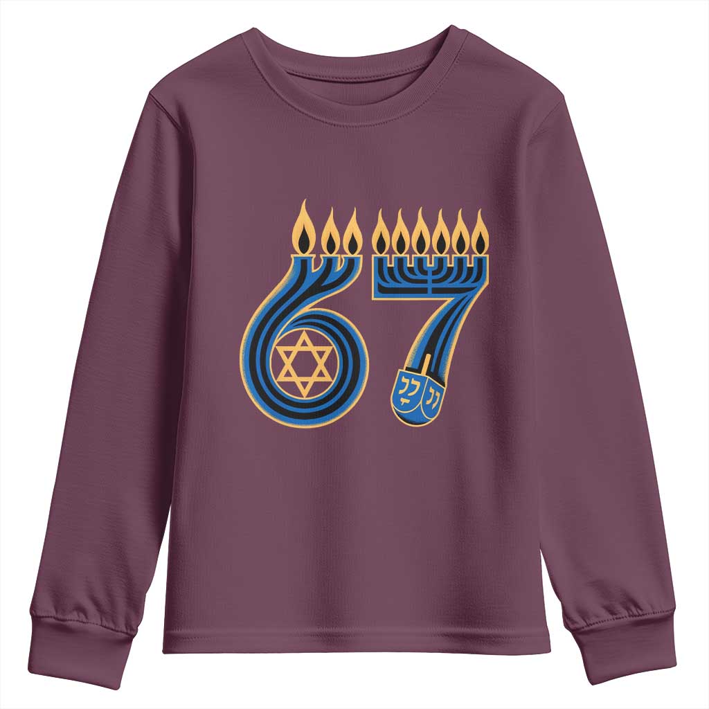 Funny 67 Hanukkah Youth Sweatshirt Chanukah Menorah Dreidel Star Of David Six Seven Meme TS11 Maroon Print Your Wear
