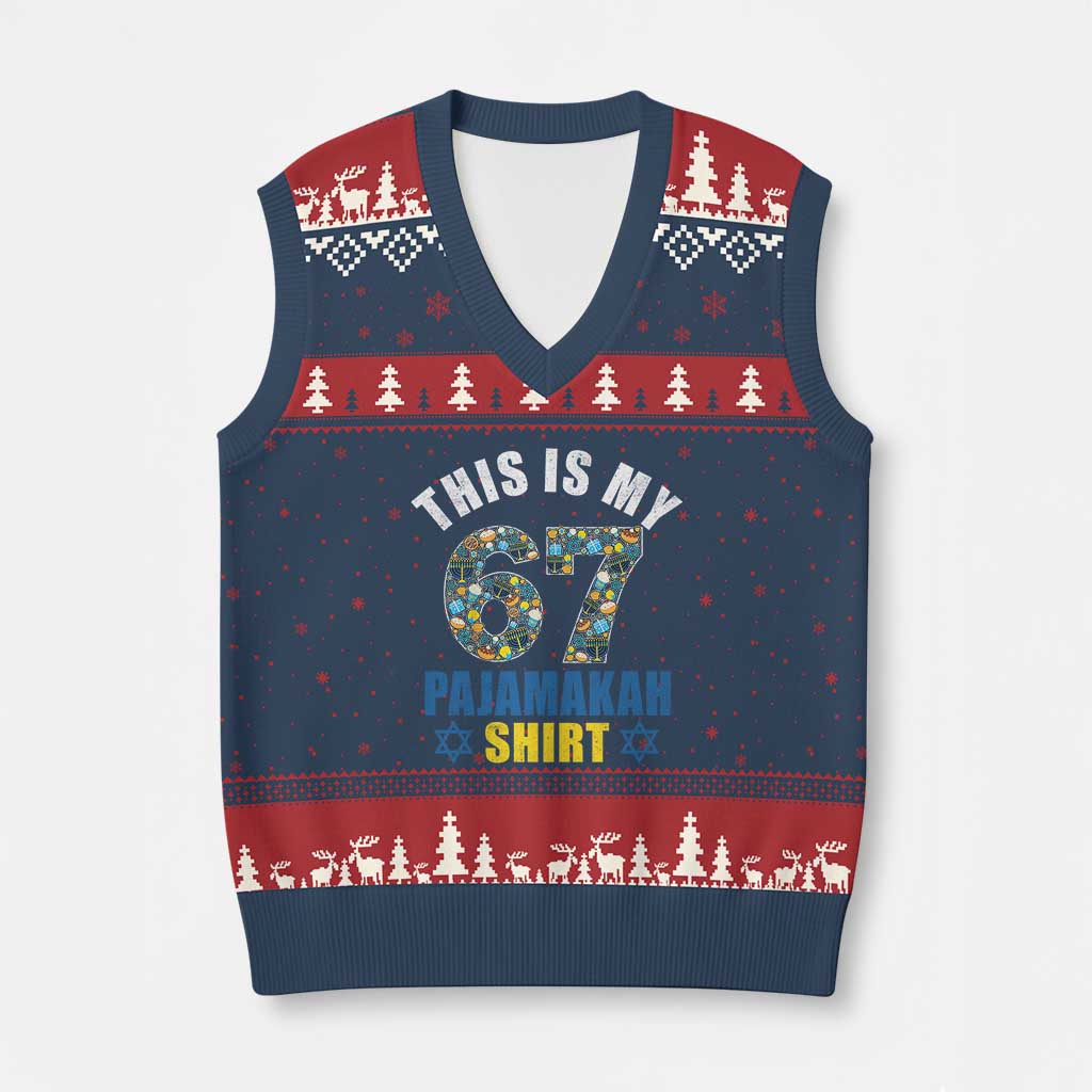 Funny 67 Hanukkah V-Neck Knit Sweater Vest This Is My 67 Pajamakah Gift TS11 Navy Red Print Your Wear