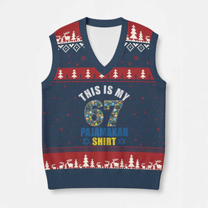 Funny 67 Hanukkah V-Neck Knit Sweater Vest This Is My 67 Pajamakah Gift TS11 Navy Red Print Your Wear