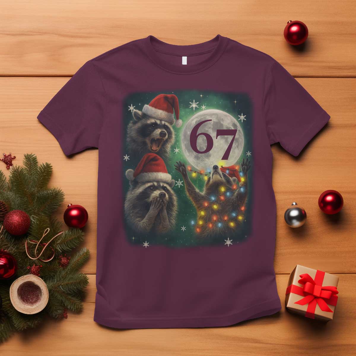 Funny Christmas Three Raccoons 67 T Shirt Trash Panda Moon Howling Six Seven Meme TS11 Maroon Print Your Wear
