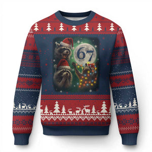 Funny Xmas Three Raccoons 67 Ugly Christmas Sweater Trash Panda Moon Howling Six Seven Meme TS11 Navy Red Print Your Wear