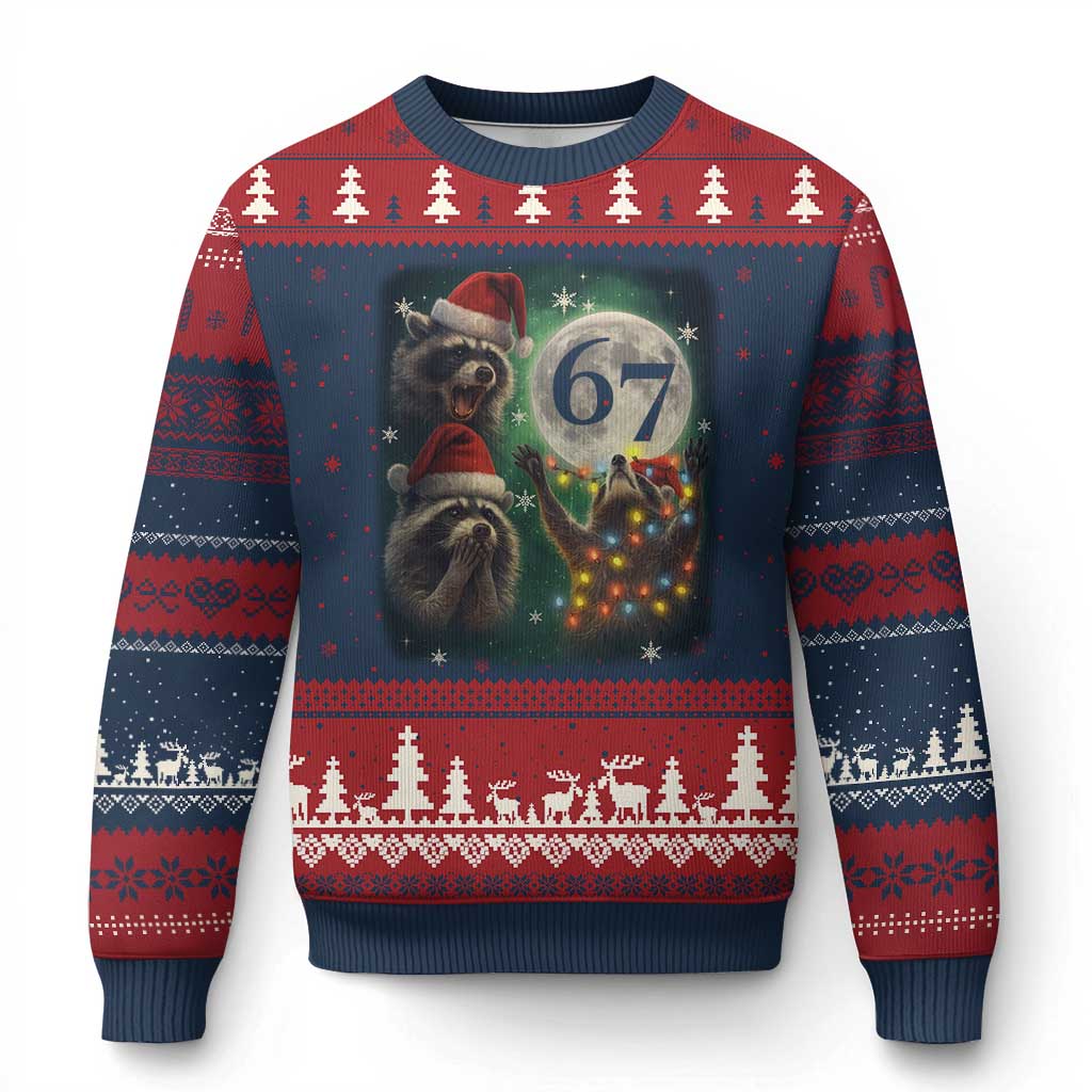 Funny Xmas Three Raccoons 67 Ugly Christmas Sweater Trash Panda Moon Howling Six Seven Meme TS11 Navy Red Print Your Wear