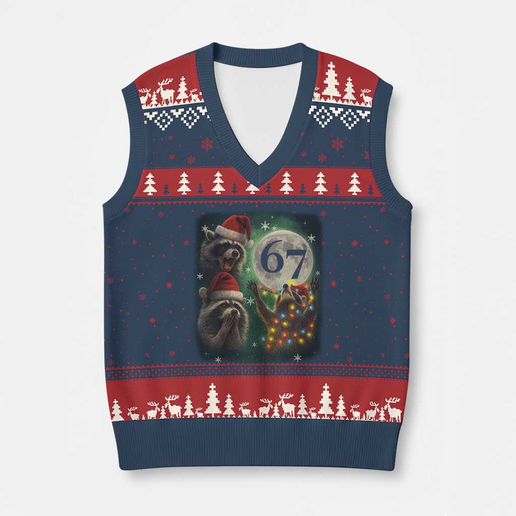 Funny Xmas Three Raccoons 67 V-Neck Knit Sweater Vest Trash Panda Moon Howling Six Seven Meme TS11 Navy Red Print Your Wear
