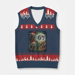 Funny Xmas Three Raccoons 67 V-Neck Knit Sweater Vest Trash Panda Moon Howling Six Seven Meme TS11 Navy Red Print Your Wear