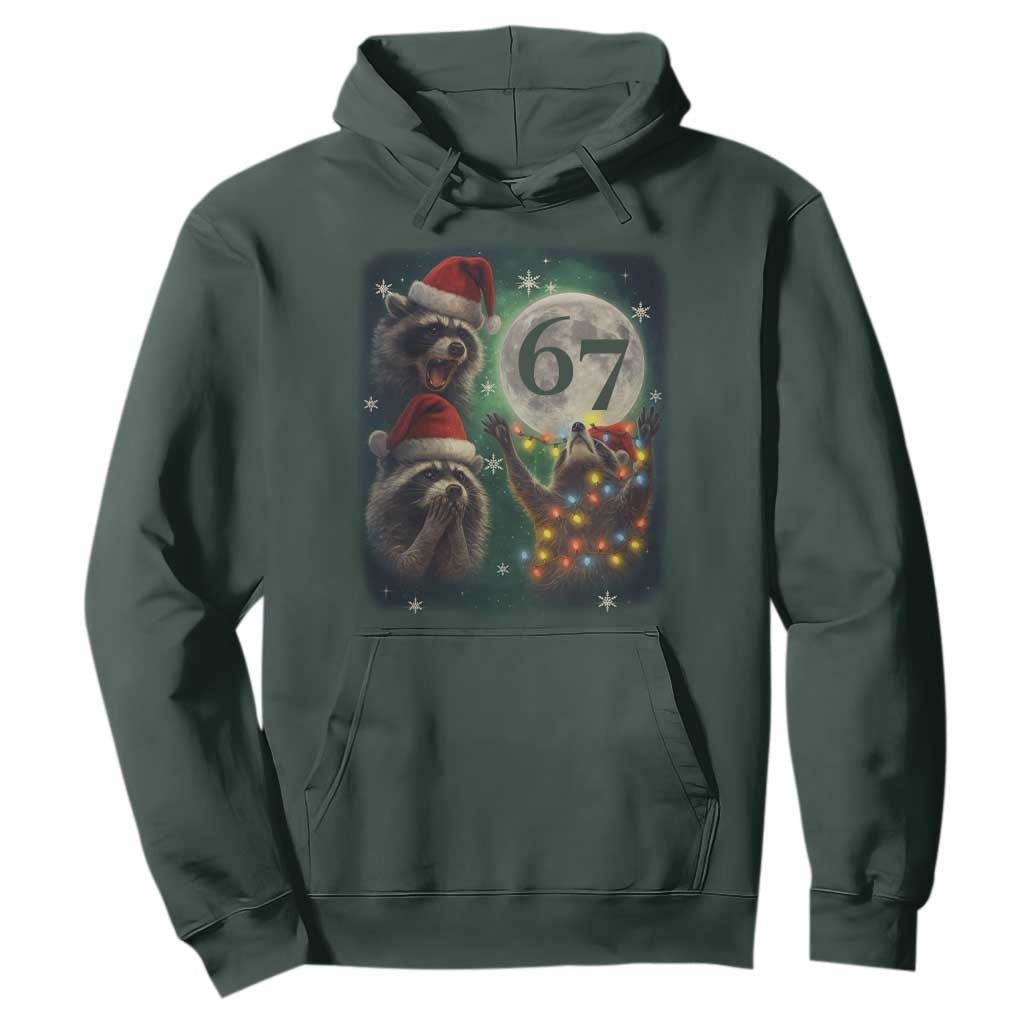 Funny Christmas Three Raccoons 67 Hoodie Trash Panda Moon Howling Six Seven Meme TS11 Dark Forest Green Print Your Wear