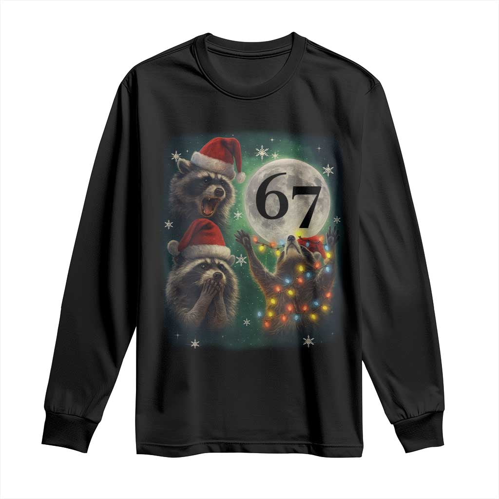 Funny Christmas Three Raccoons 67 Long Sleeve Shirt Trash Panda Moon Howling Six Seven Meme TS11 Black Print Your Wear