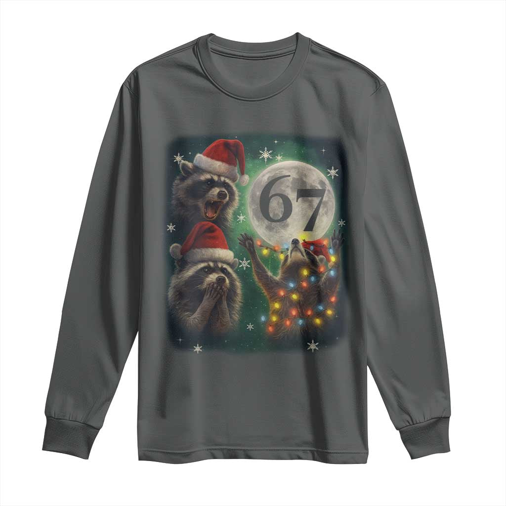 Funny Christmas Three Raccoons 67 Long Sleeve Shirt Trash Panda Moon Howling Six Seven Meme TS11 Dark Heather Print Your Wear