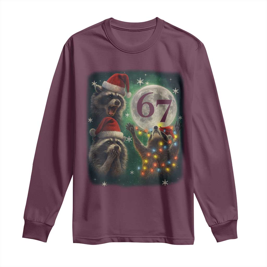 Funny Christmas Three Raccoons 67 Long Sleeve Shirt Trash Panda Moon Howling Six Seven Meme TS11 Maroon Print Your Wear