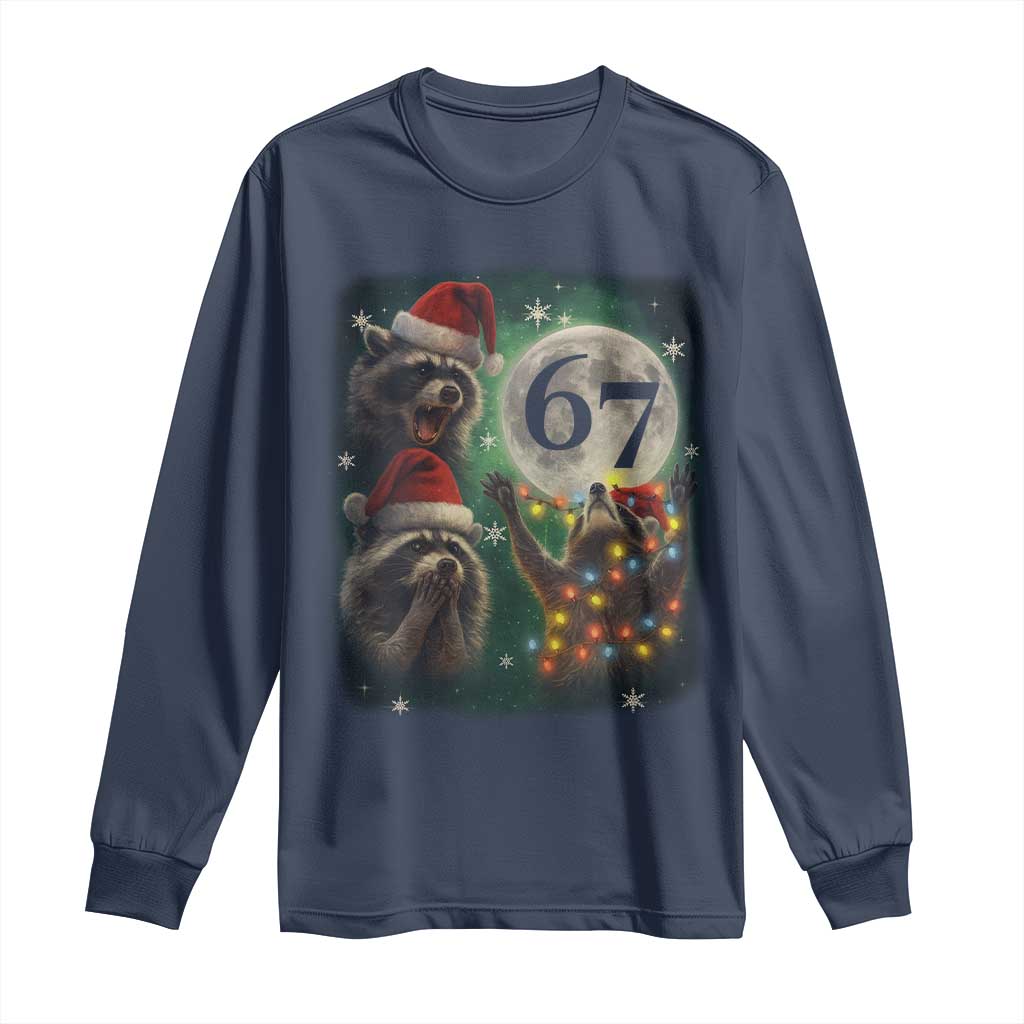 Funny Christmas Three Raccoons 67 Long Sleeve Shirt Trash Panda Moon Howling Six Seven Meme TS11 Navy Print Your Wear
