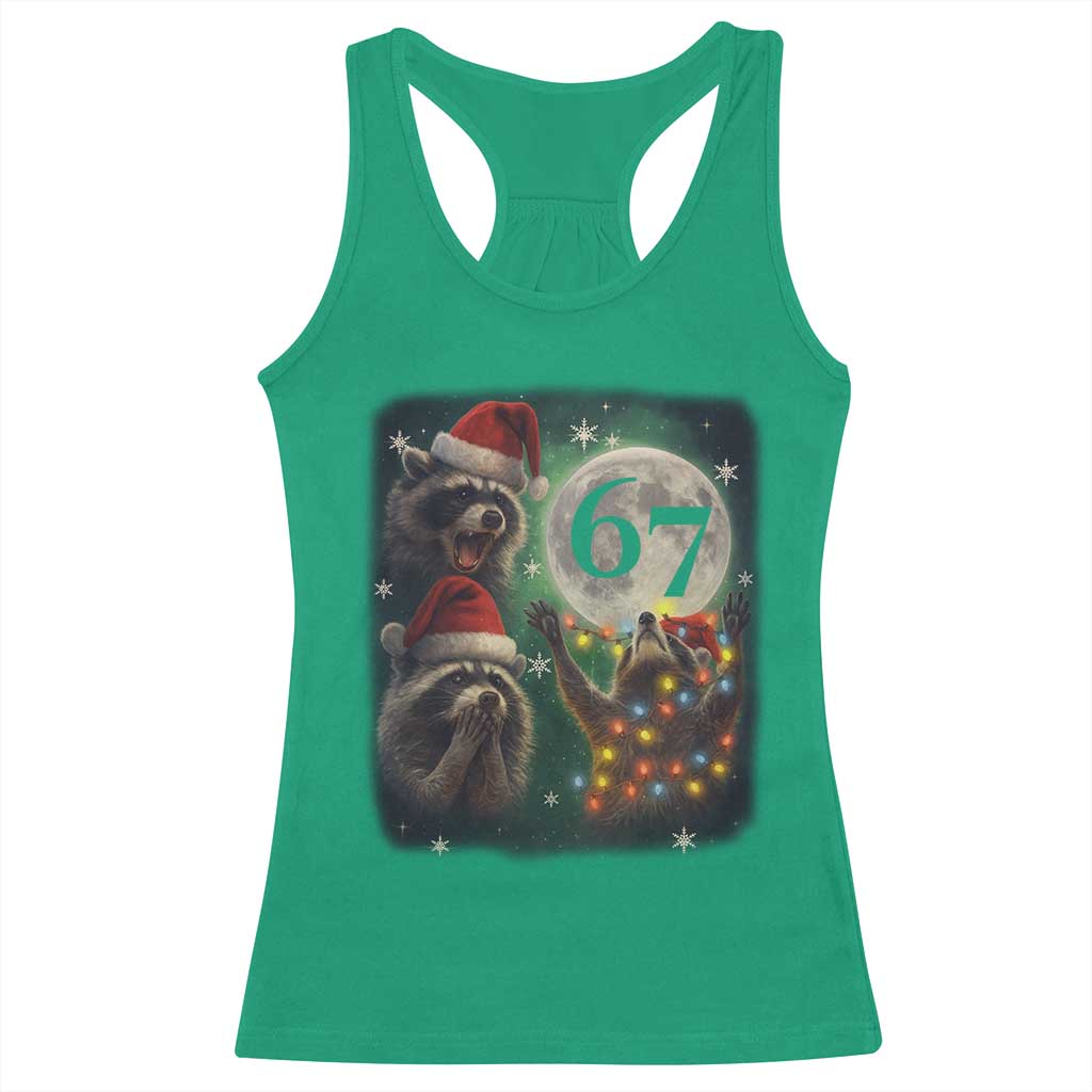 Funny Christmas Three Raccoons 67 Racerback Tank Top Trash Panda Moon Howling Six Seven Meme TS11 Irish Green Print Your Wear