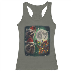 Funny Christmas Three Raccoons 67 Racerback Tank Top Trash Panda Moon Howling Six Seven Meme TS11 Military Green Print Your Wear