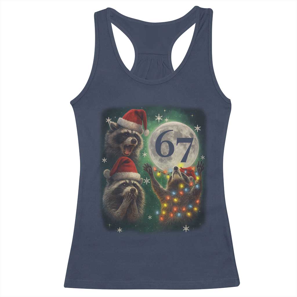 Funny Christmas Three Raccoons 67 Racerback Tank Top Trash Panda Moon Howling Six Seven Meme TS11 Navy Print Your Wear