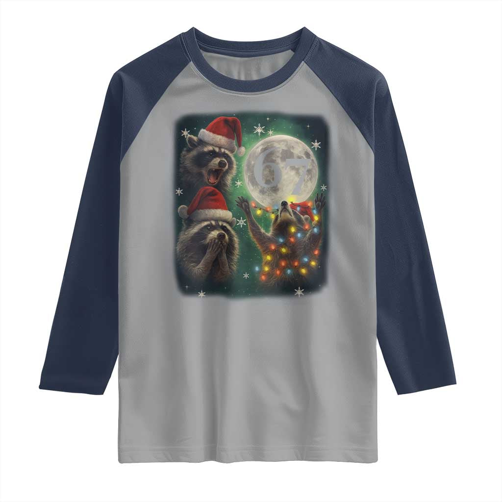 Funny Christmas Three Raccoons 67 Raglan Shirt Trash Panda Moon Howling Six Seven Meme TS11 Sport Gray Navy Print Your Wear