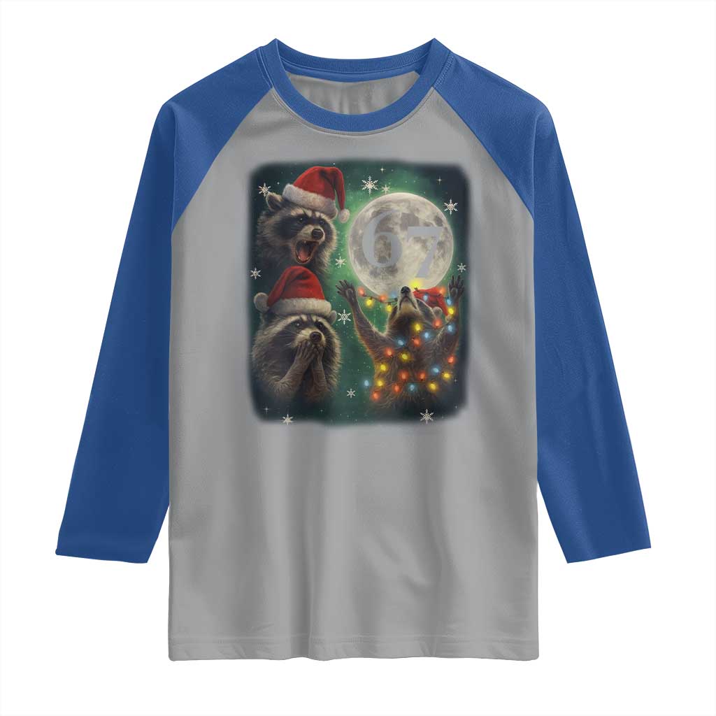 Funny Christmas Three Raccoons 67 Raglan Shirt Trash Panda Moon Howling Six Seven Meme TS11 Sport Gray Royal Print Your Wear