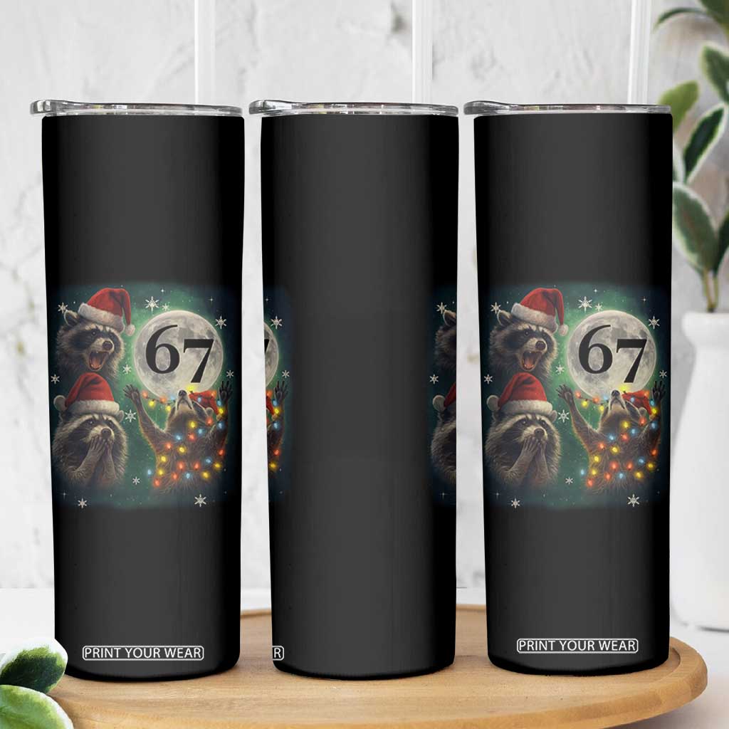 Funny Christmas Three Raccoons 67 Skinny Tumbler Trash Panda Moon Howling Six Seven Meme TS11 Print Your Wear