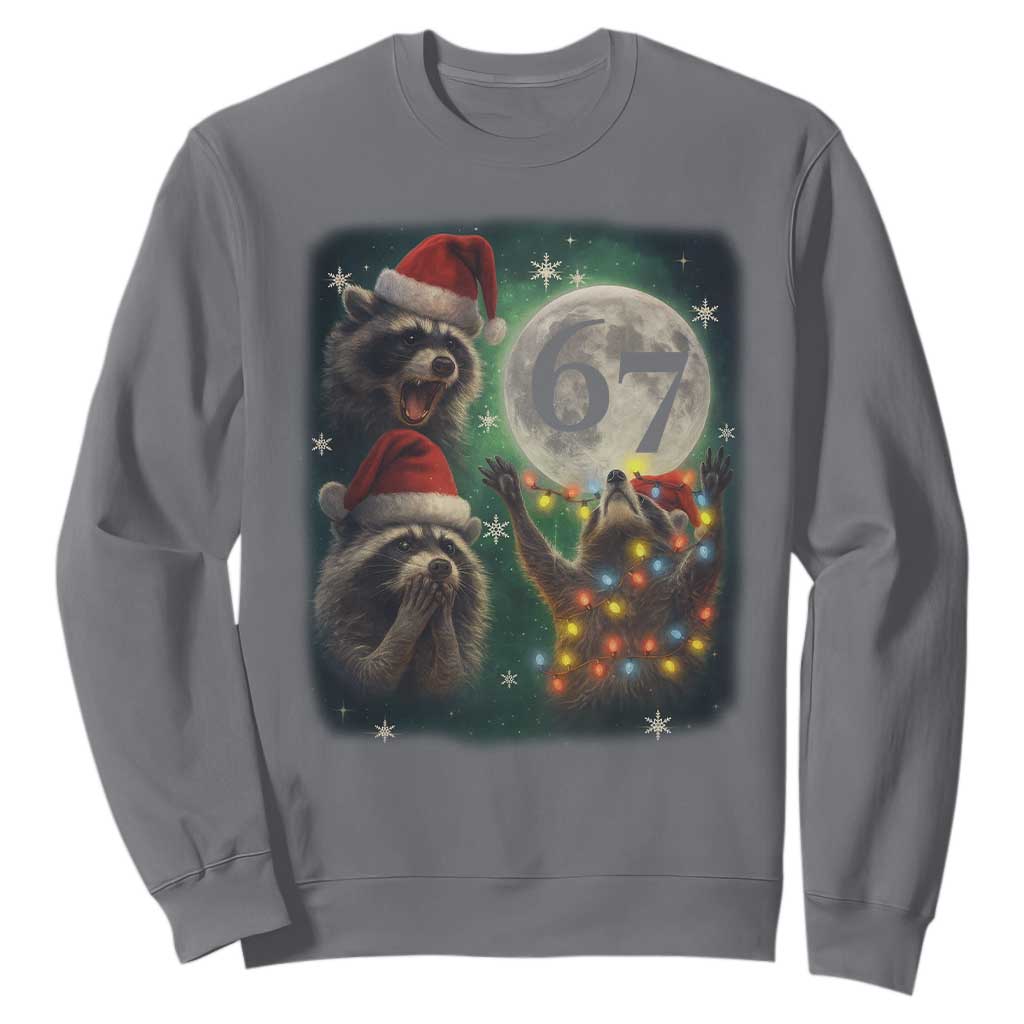Funny Christmas Three Raccoons 67 Sweatshirt Trash Panda Moon Howling Six Seven Meme TS11 Charcoal Print Your Wear