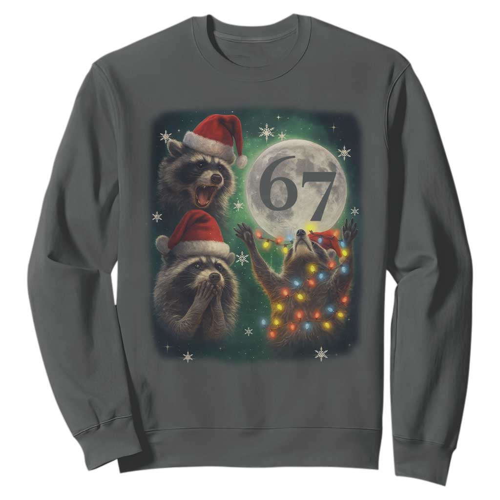 Funny Christmas Three Raccoons 67 Sweatshirt Trash Panda Moon Howling Six Seven Meme TS11 Dark Heather Print Your Wear
