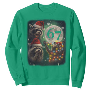 Funny Christmas Three Raccoons 67 Sweatshirt Trash Panda Moon Howling Six Seven Meme TS11 Irish Green Print Your Wear