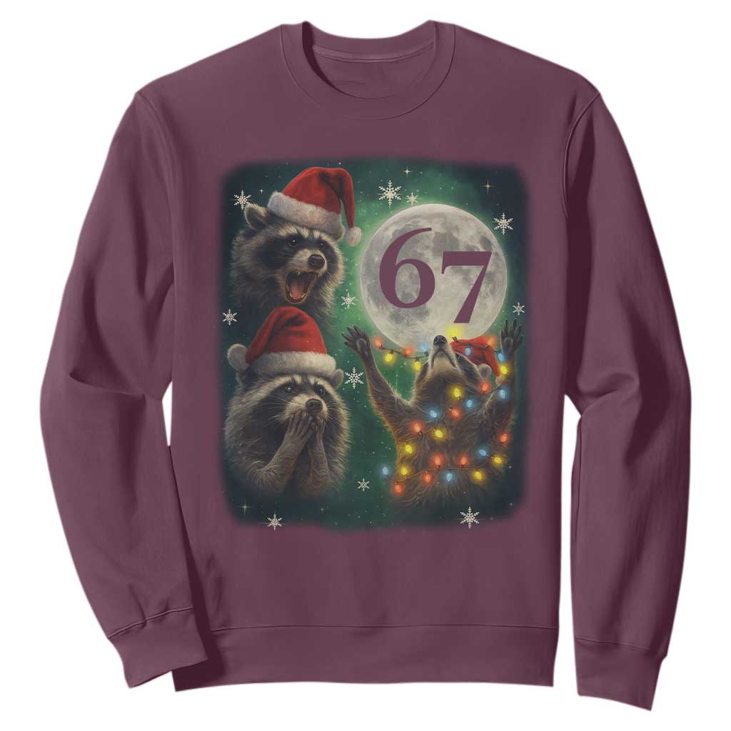 Funny Christmas Three Raccoons 67 Sweatshirt Trash Panda Moon Howling Six Seven Meme TS11 Maroon Print Your Wear