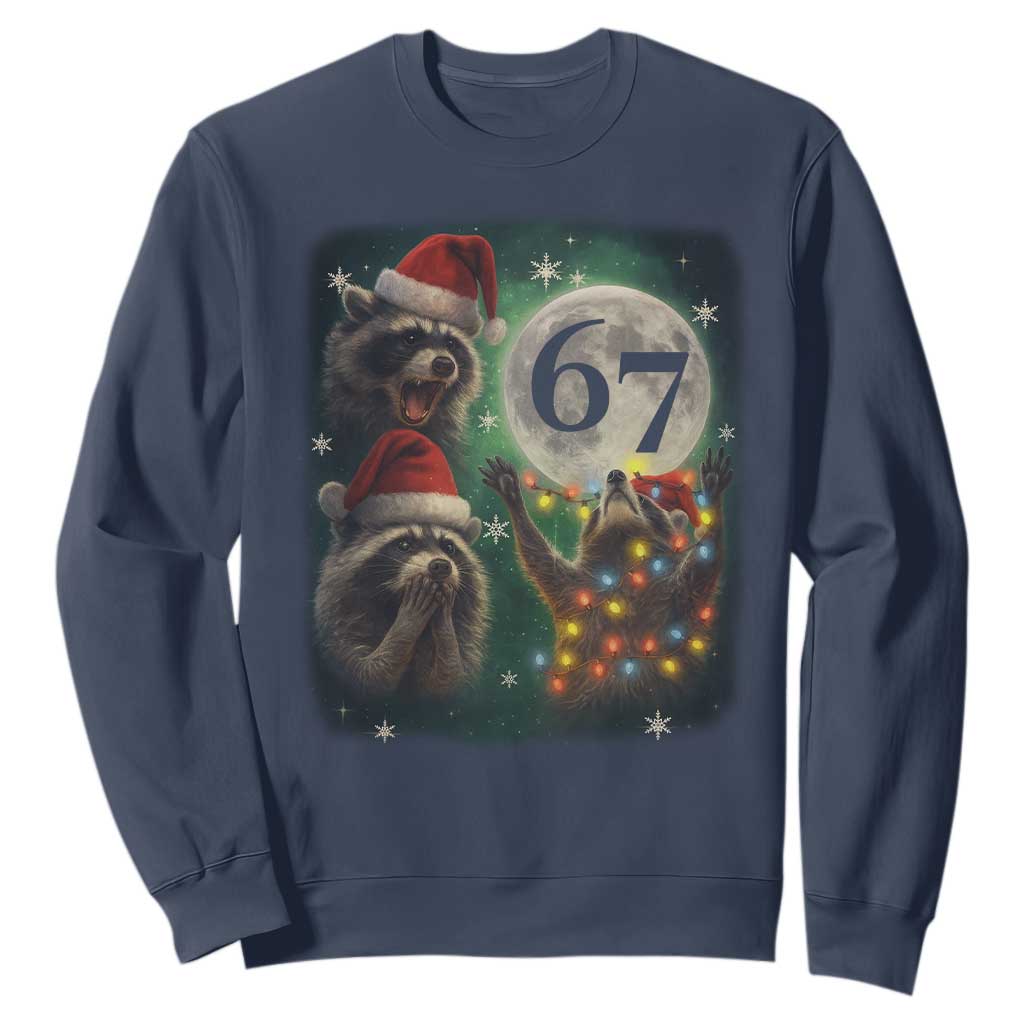 Funny Christmas Three Raccoons 67 Sweatshirt Trash Panda Moon Howling Six Seven Meme TS11 Navy Print Your Wear