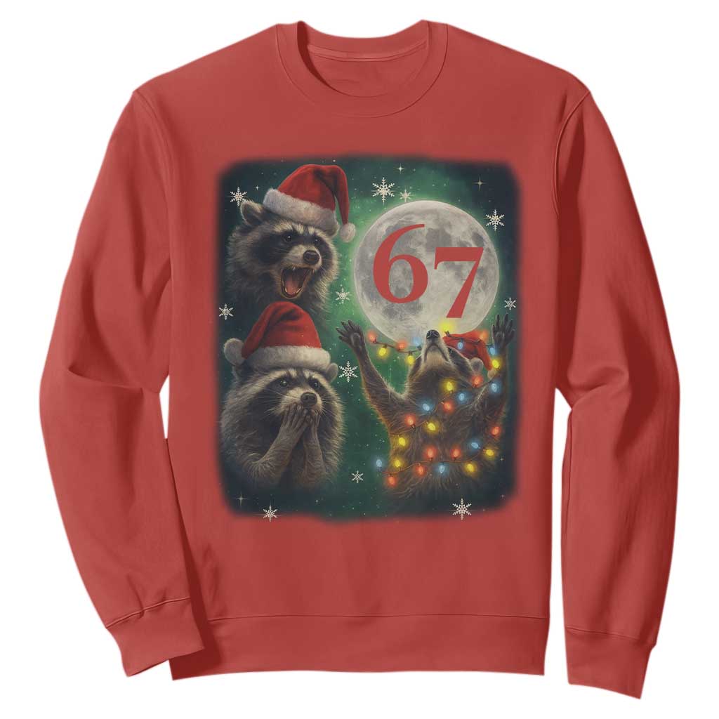 Funny Christmas Three Raccoons 67 Sweatshirt Trash Panda Moon Howling Six Seven Meme TS11 Red Print Your Wear