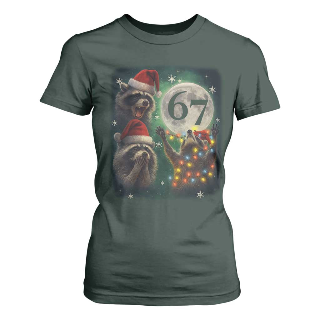 Funny Christmas Three Raccoons 67 T Shirt For Women Trash Panda Moon Howling Six Seven Meme TS11 Dark Forest Green Print Your Wear