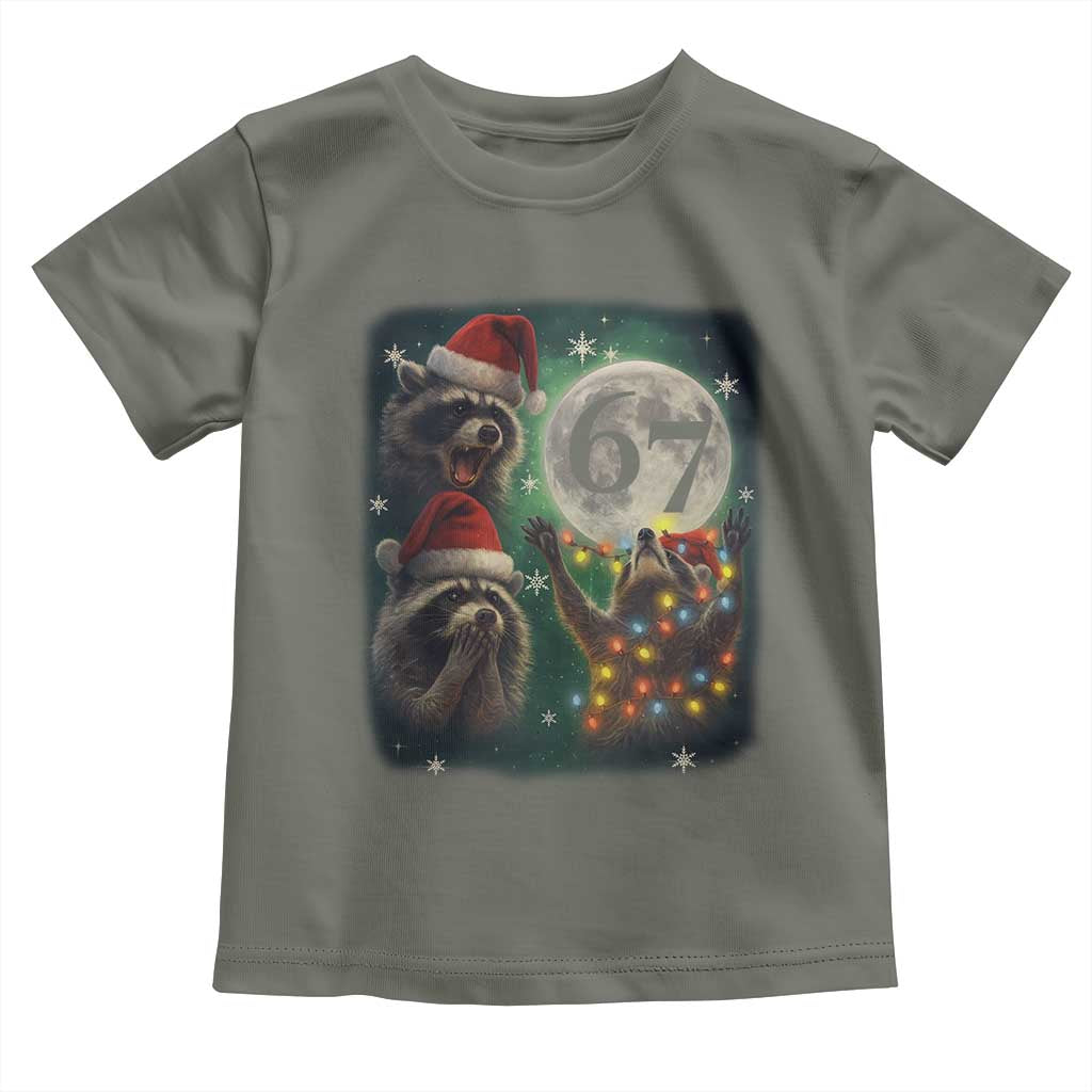Funny Christmas Three Raccoons 67 Toddler T Shirt Trash Panda Moon Howling Six Seven Meme TS11 Military Green Print Your Wear