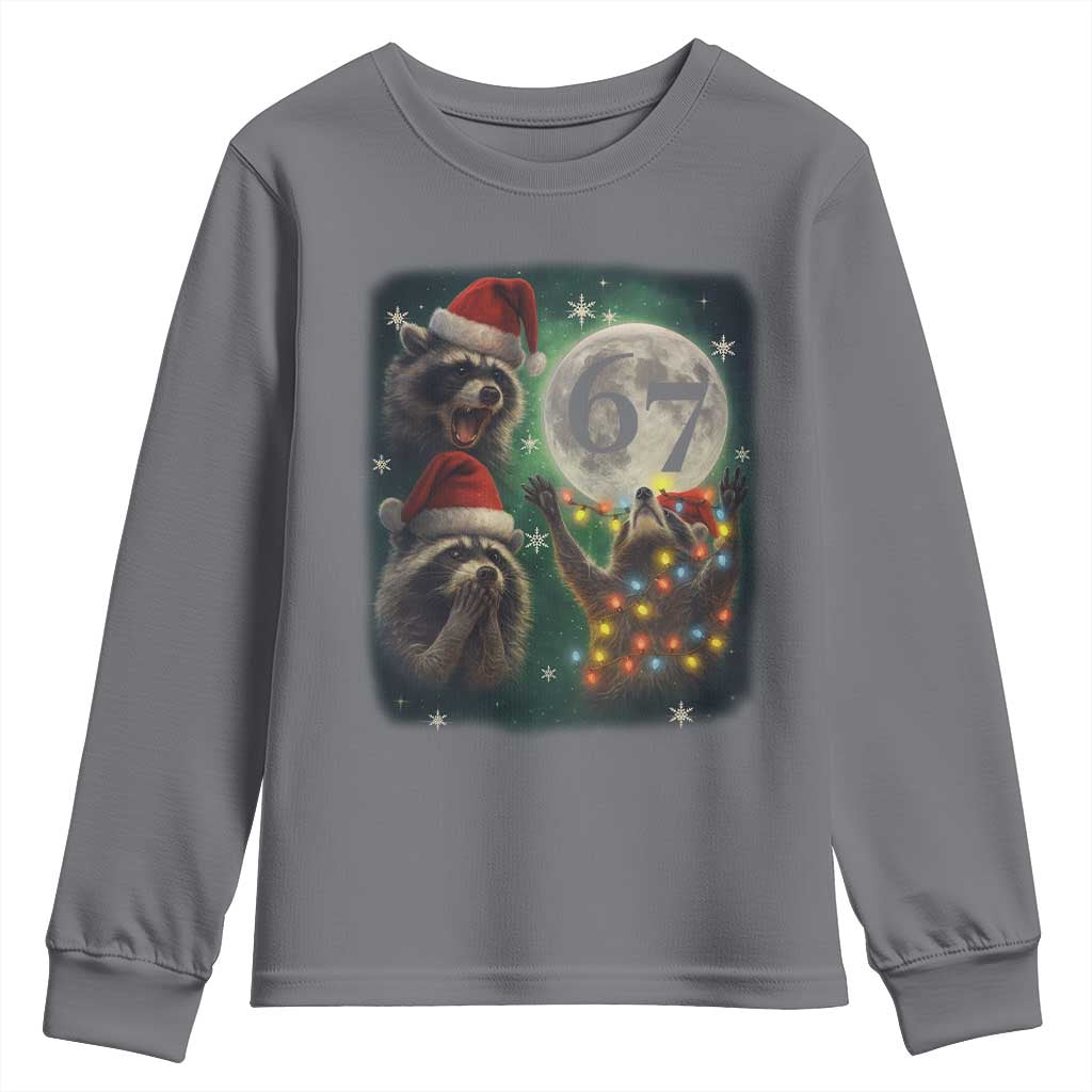 Funny Christmas Three Raccoons 67 Youth Sweatshirt Trash Panda Moon Howling Six Seven Meme TS11 Charcoal Print Your Wear