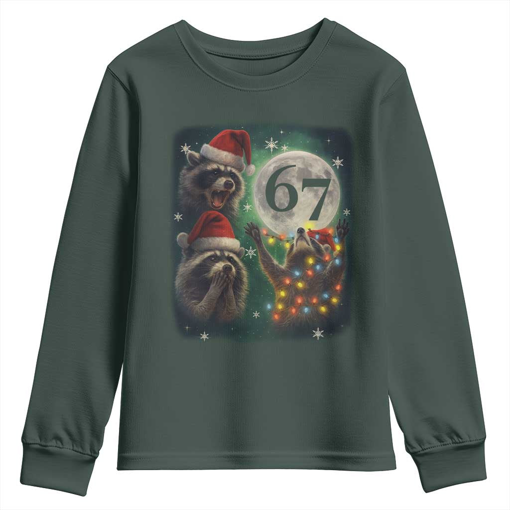 Funny Christmas Three Raccoons 67 Youth Sweatshirt Trash Panda Moon Howling Six Seven Meme TS11 Dark Forest Green Print Your Wear
