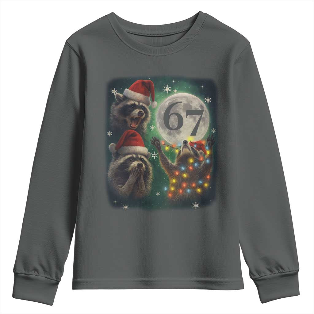 Funny Christmas Three Raccoons 67 Youth Sweatshirt Trash Panda Moon Howling Six Seven Meme TS11 Dark Heather Print Your Wear