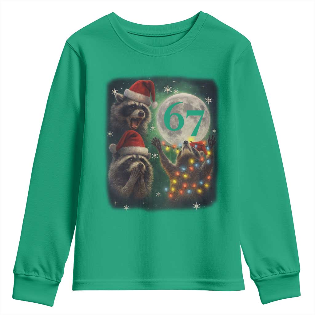Funny Christmas Three Raccoons 67 Youth Sweatshirt Trash Panda Moon Howling Six Seven Meme TS11 Irish Green Print Your Wear
