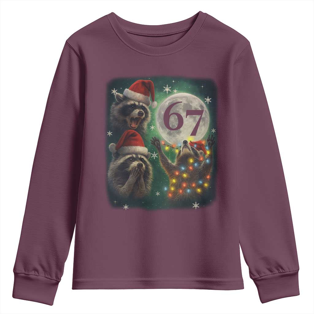 Funny Christmas Three Raccoons 67 Youth Sweatshirt Trash Panda Moon Howling Six Seven Meme TS11 Maroon Print Your Wear