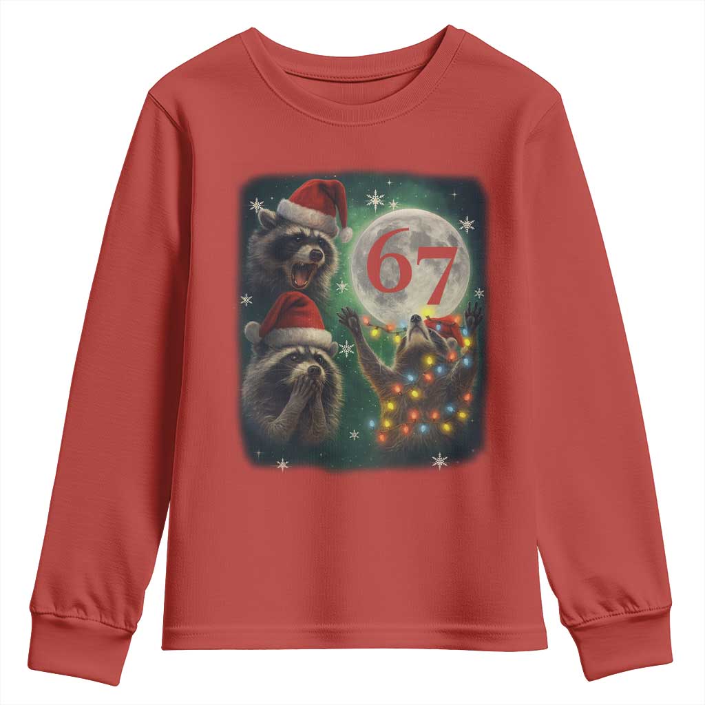 Funny Christmas Three Raccoons 67 Youth Sweatshirt Trash Panda Moon Howling Six Seven Meme TS11 Red Print Your Wear