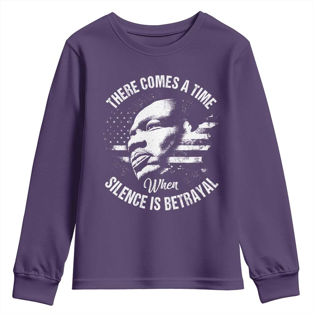 MLK Day There Comes A Time When Silence Is Betrayal Youth Sweatshirt Martin Luther King Vintage American Flag Black History Month TS11 Purple Print Your Wear