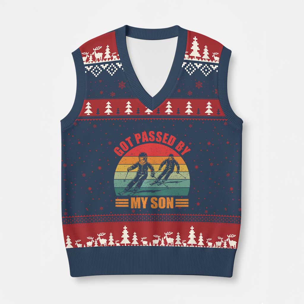 Funny Skiing Ski Dad V-Neck Knit Sweater Vest Got Passed By My Son Retro Vintage TS11 Navy Red Print Your Wear