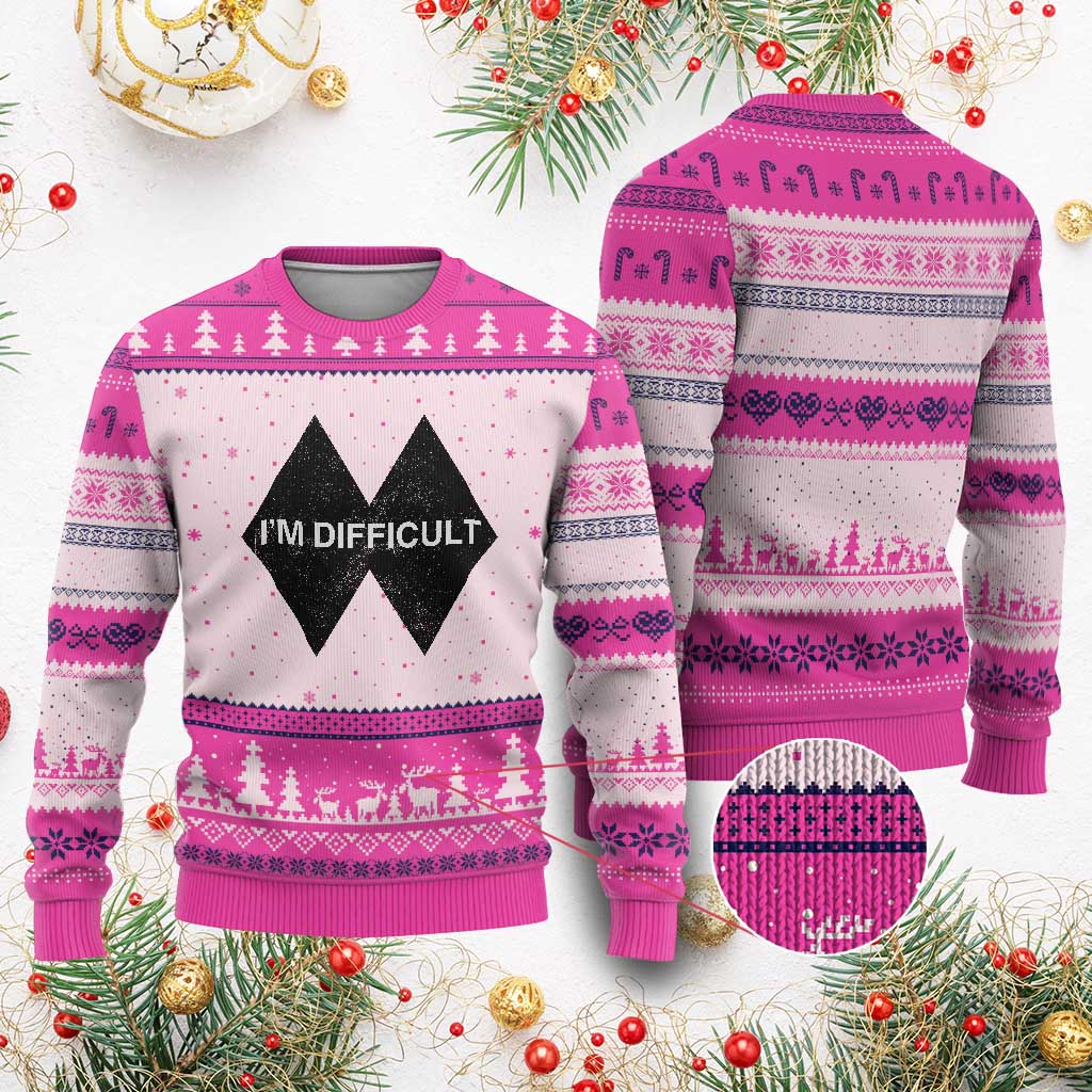 Funny I Am Difficult Double Black Diamond Ski Snowboard Ugly Christmas Sweater TS11 Hot Pink Print Your Wear